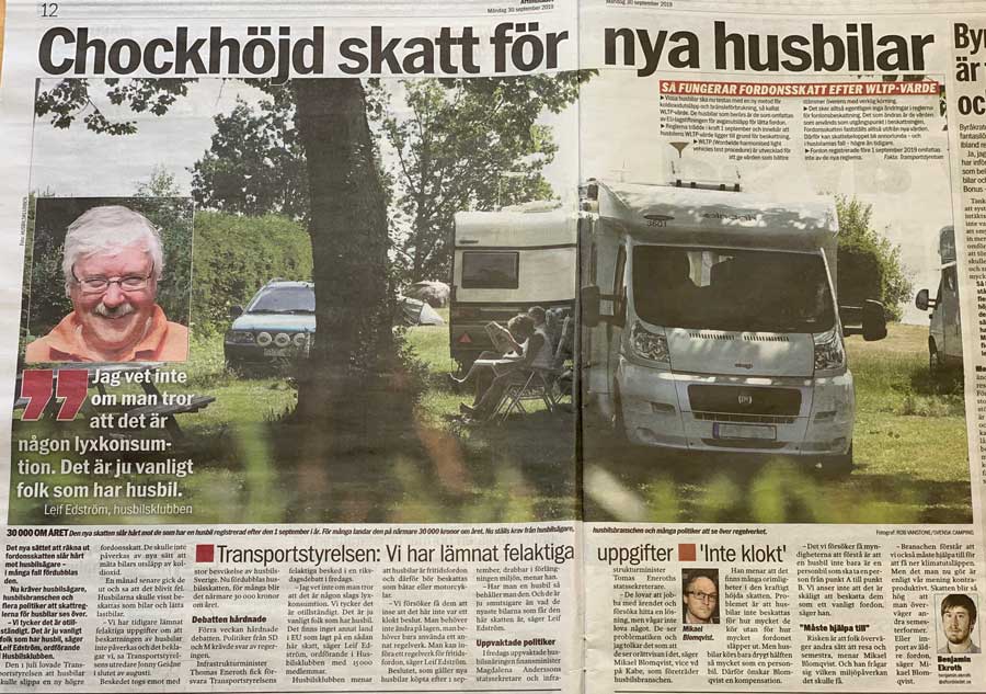 Bild på en tidningssida från Aftonbladet. Nya regler för husbilar, skatt